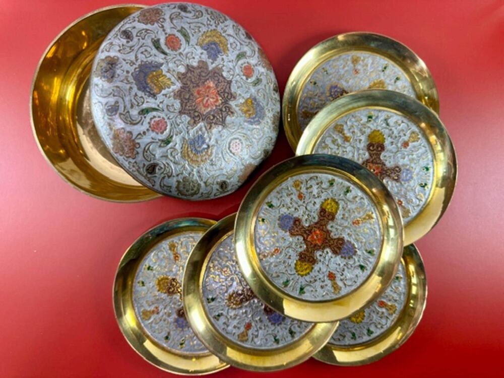 Vintage Indian Brass Enamel Coasters Set of 6 with Holder Cloisonne Style